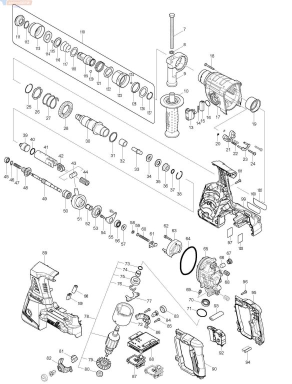 Makita schemat i spis części do młotowiertarki akumulatorowej DHR264