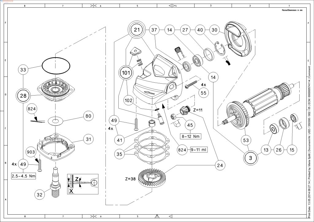 Hilti spis części i schemat do szlifierki kątowej DAG 125-SE