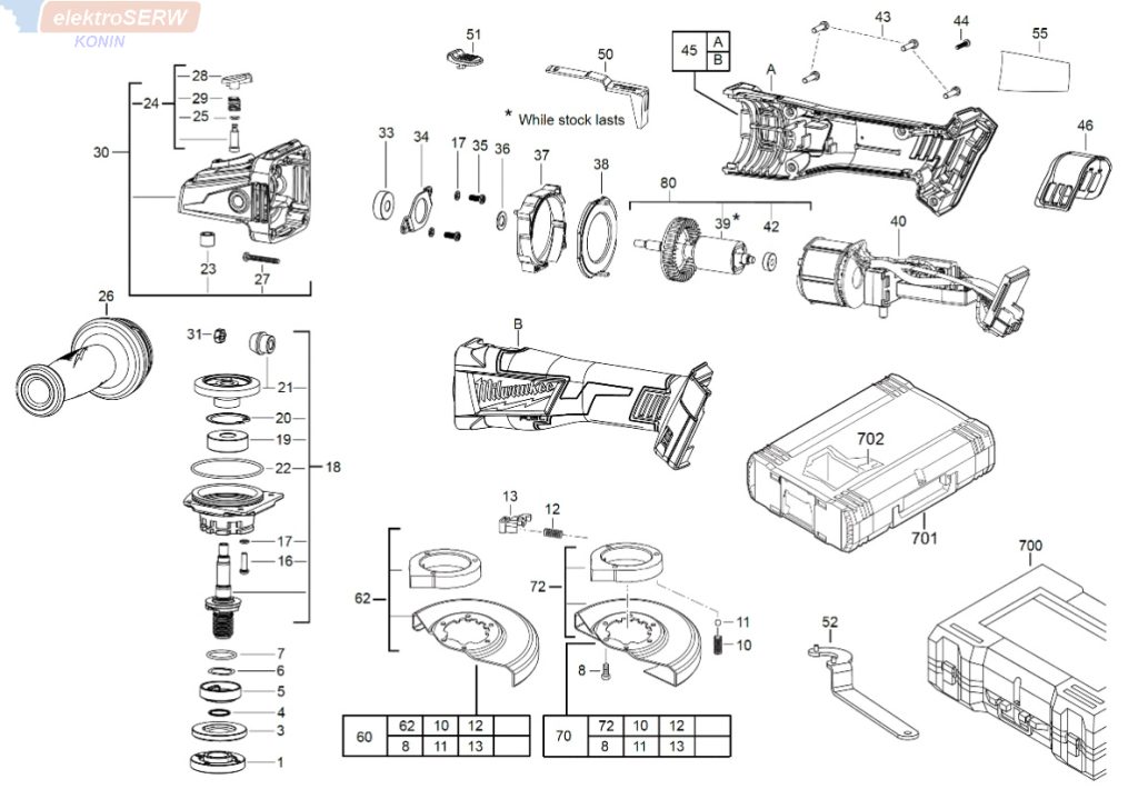 Milwaukee schemat i lista części do bezprzewodowej szlifierki 115MM M18CAG115