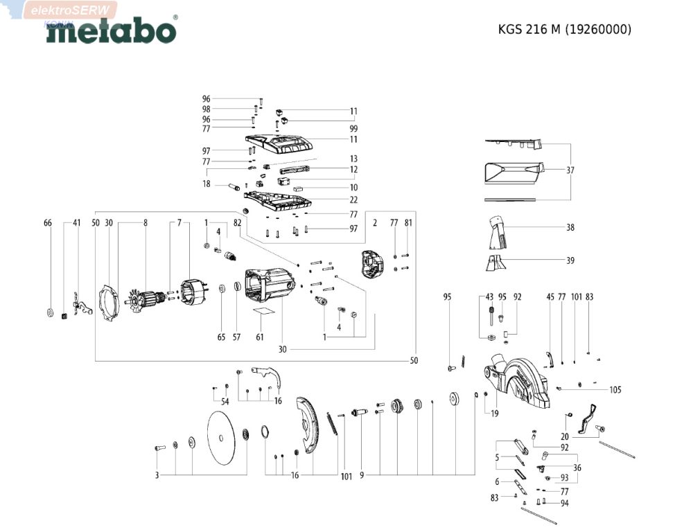 Metabo schemat i lista części do piły ukośnicy KGS 216 M ( 19260000 )