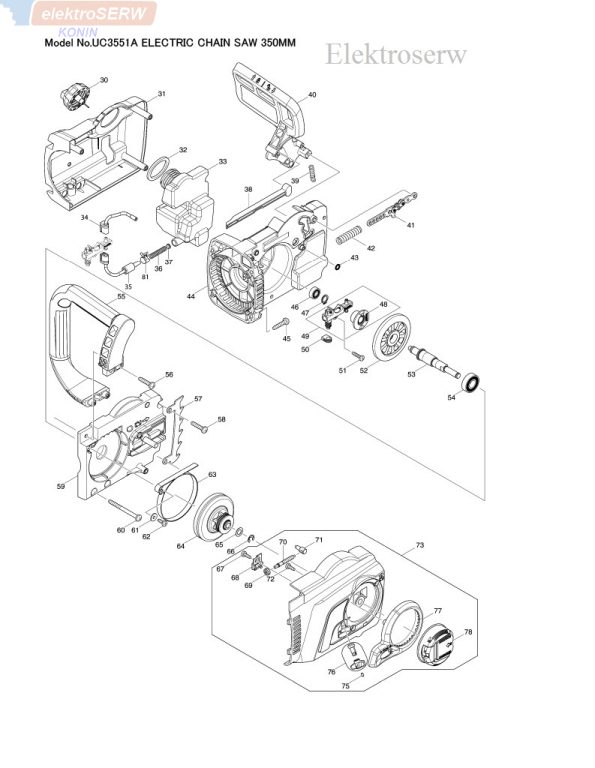 Makita schemat i lista części do elektrycznej pilarki łańcuchowej UC3551A