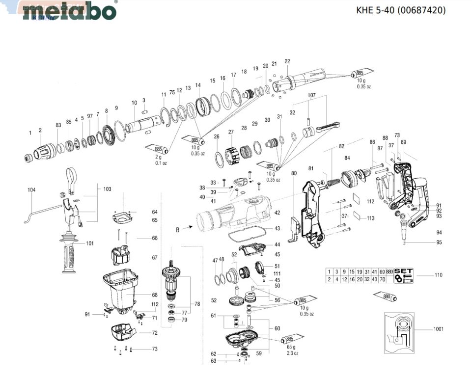 Metabo schemat i lista części do do młotowiertarki KHE 5-40