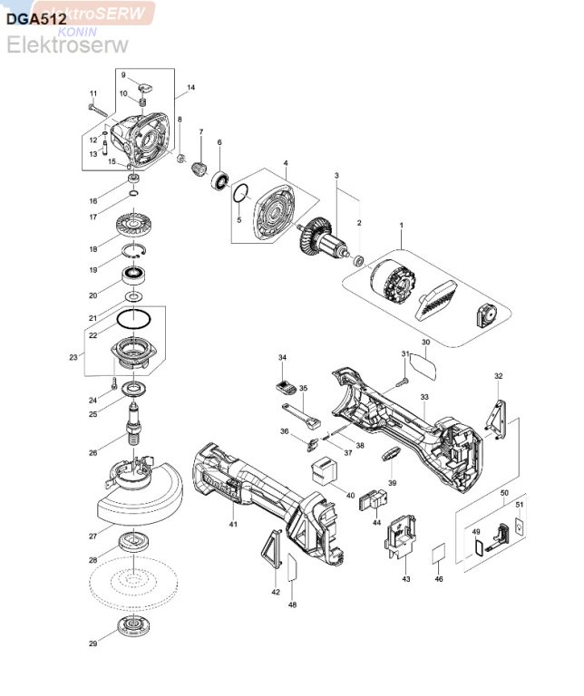 Makita schemat i spis części do akumulatorowej szlifierki kątowej DGA512