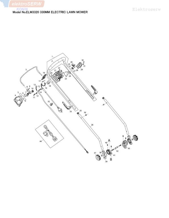 Makita schemat i spis części do elektrycznej kosiarki ELM3320