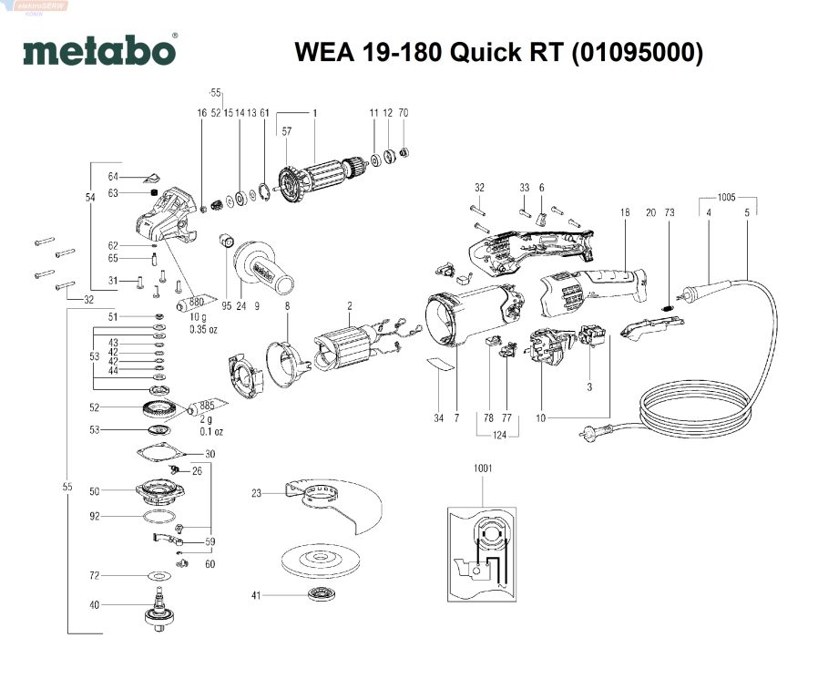 Metabo spis części i schemat do szlifierki kątowej WEA 19-180 Quick RT (01095000)