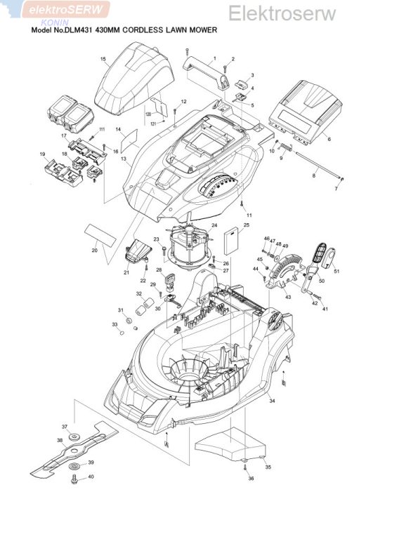 Makita schemat i spis części do akumulatorowej kosiarki DLM431